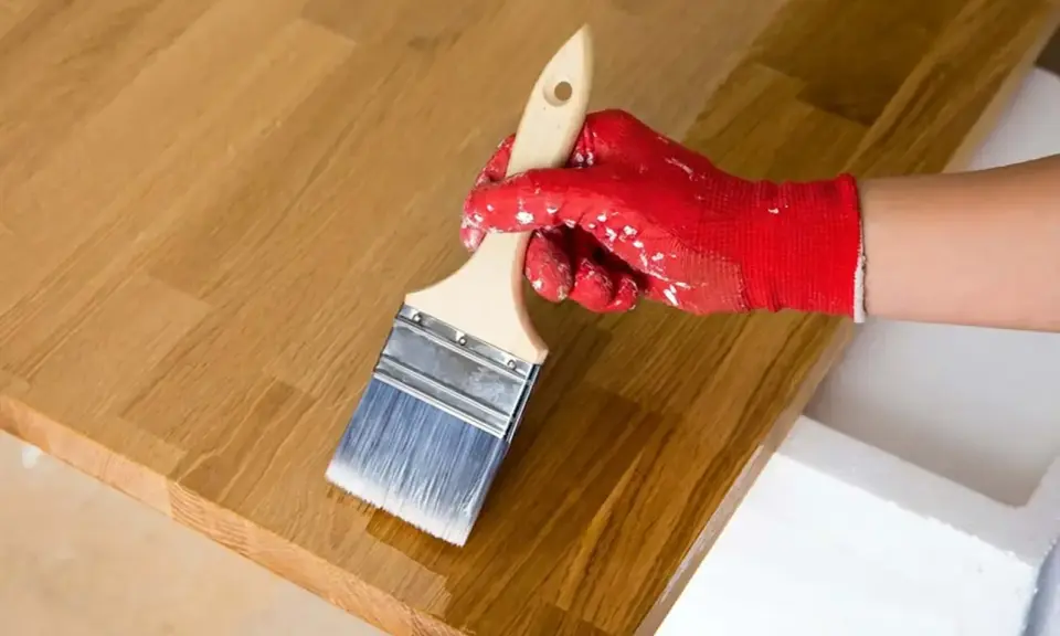 Application d'huile de lin sur un bois clair. La main gantée de rouge applique le produit pour protéger le bois, loin des insectes.