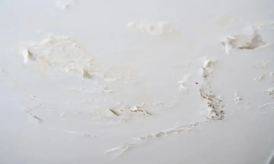 Détails d'un plafond abîmé, avec des morceaux de peinture écaillée révélant le plâtre sous-jacent, signe de salpêtre sur le mur.