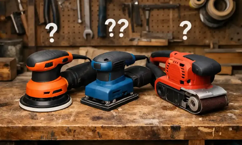 Trois ponceuses (orbitale, vibrante, à bande) sur un établi en bois. Quelle ponceuse pour le bois choisir ?