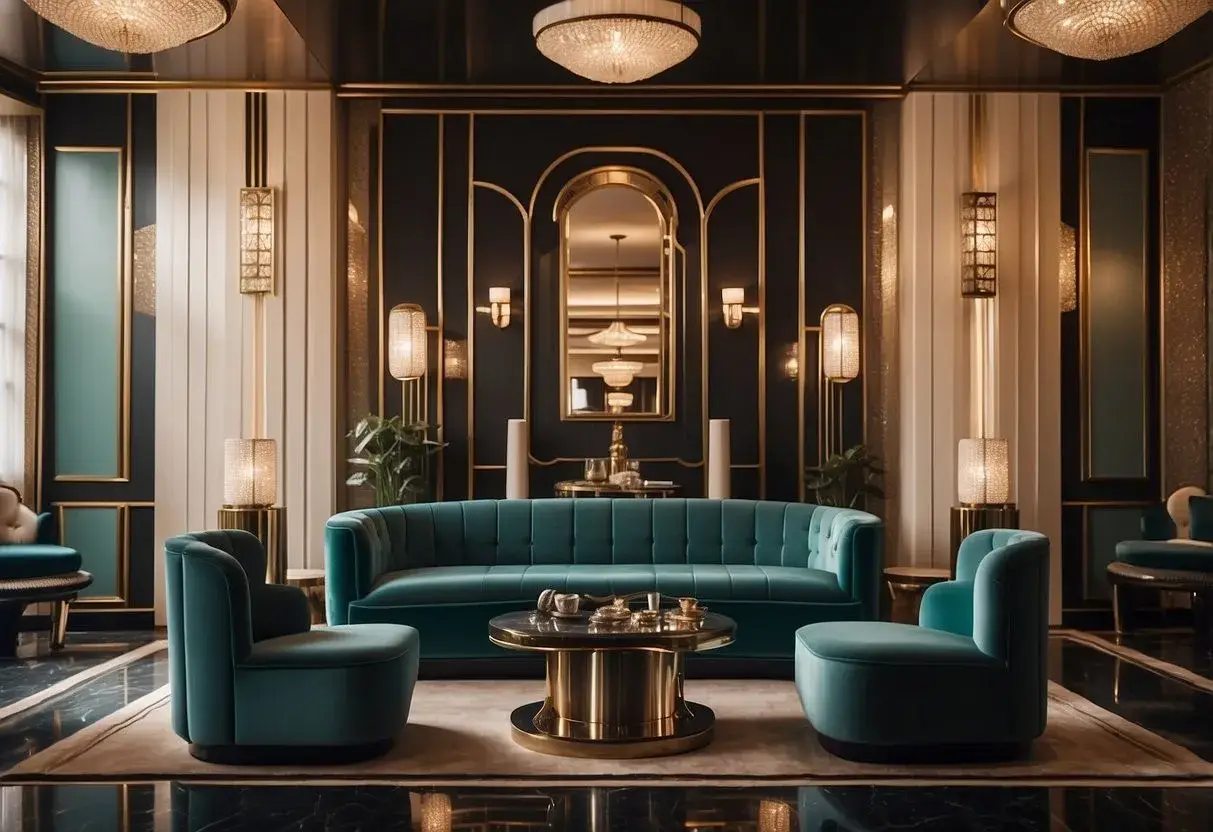 Salon luxueux au style art déco, avec canapé en velours turquoise, fauteuils assortis, table basse dorée et éclairage d'ambiance.