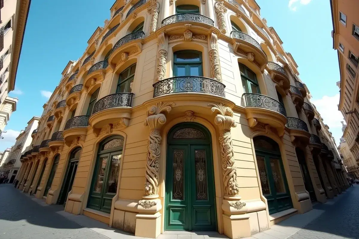 Un immeuble d'art nouveau architecture, aux balcons en fer forgé et façades ornées, se dresse sous un ciel bleu.