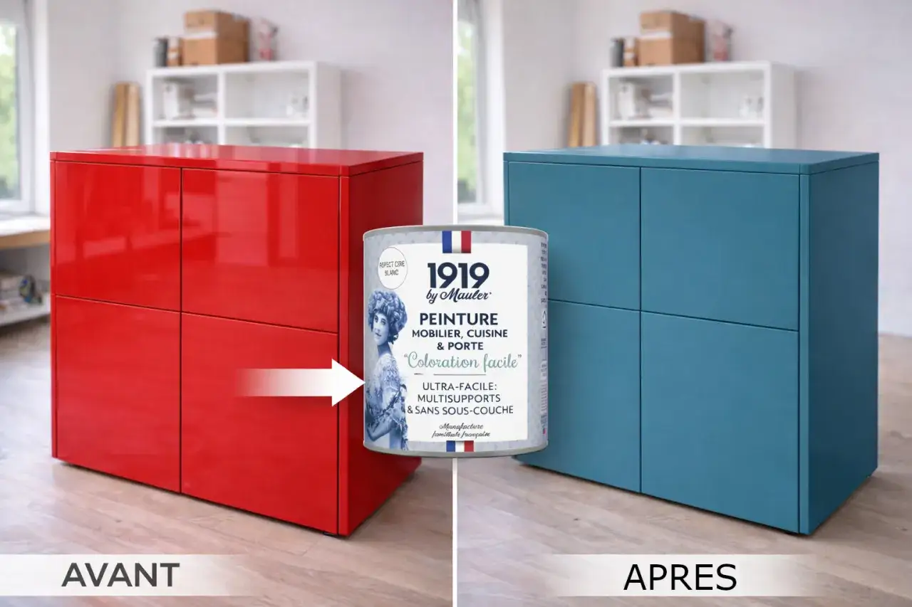 Avant/Après : un meuble laqué rouge transformé en bleu turquoise grâce à la peinture 1919 by Mauler. Idéal pour poncer et repeindre facilement.