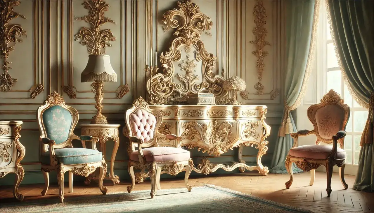 Un salon somptueux orn&eacute; de mobilier rococo dor&eacute; et sculpt&eacute;, avec des fauteuils aux coussins moelleux et des tentures &eacute;l&eacute;gantes.