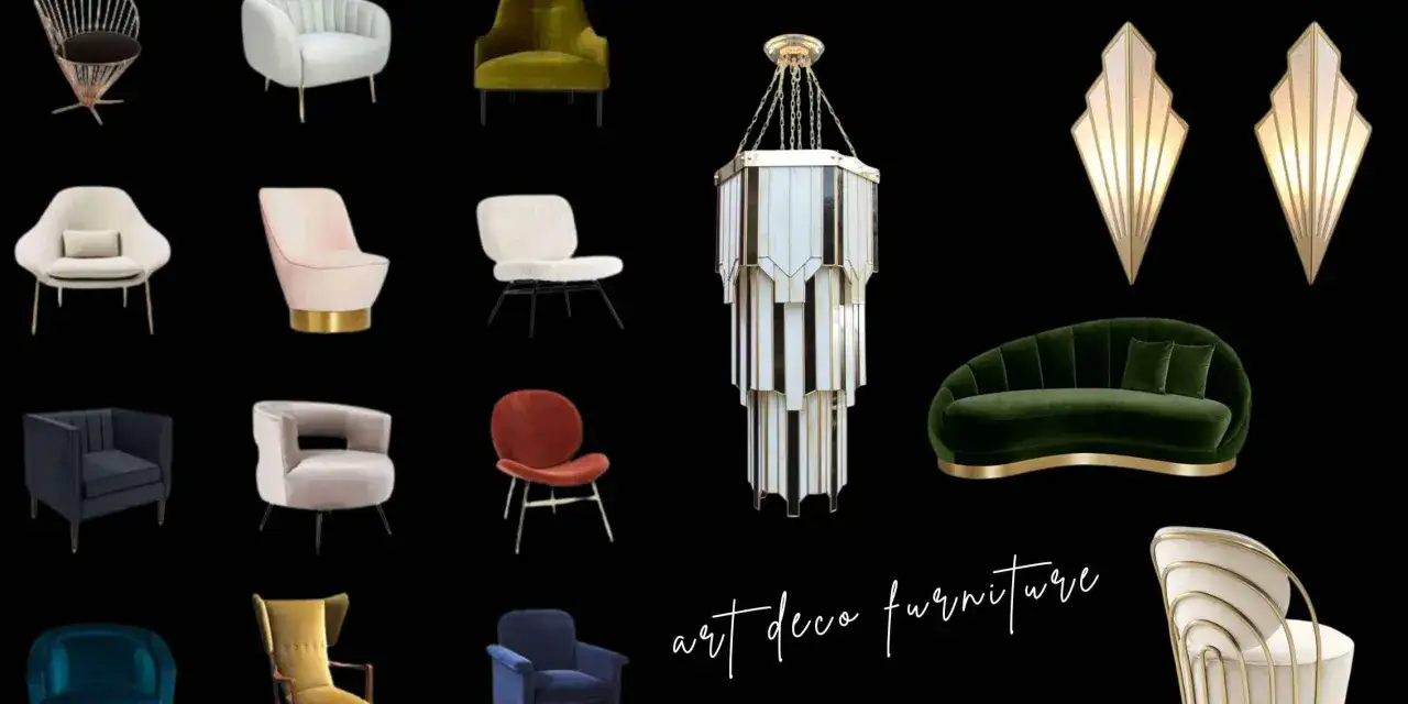 Collection de meubles et luminaires au style art déco : fauteuils, canapé, lustre et appliques murales.