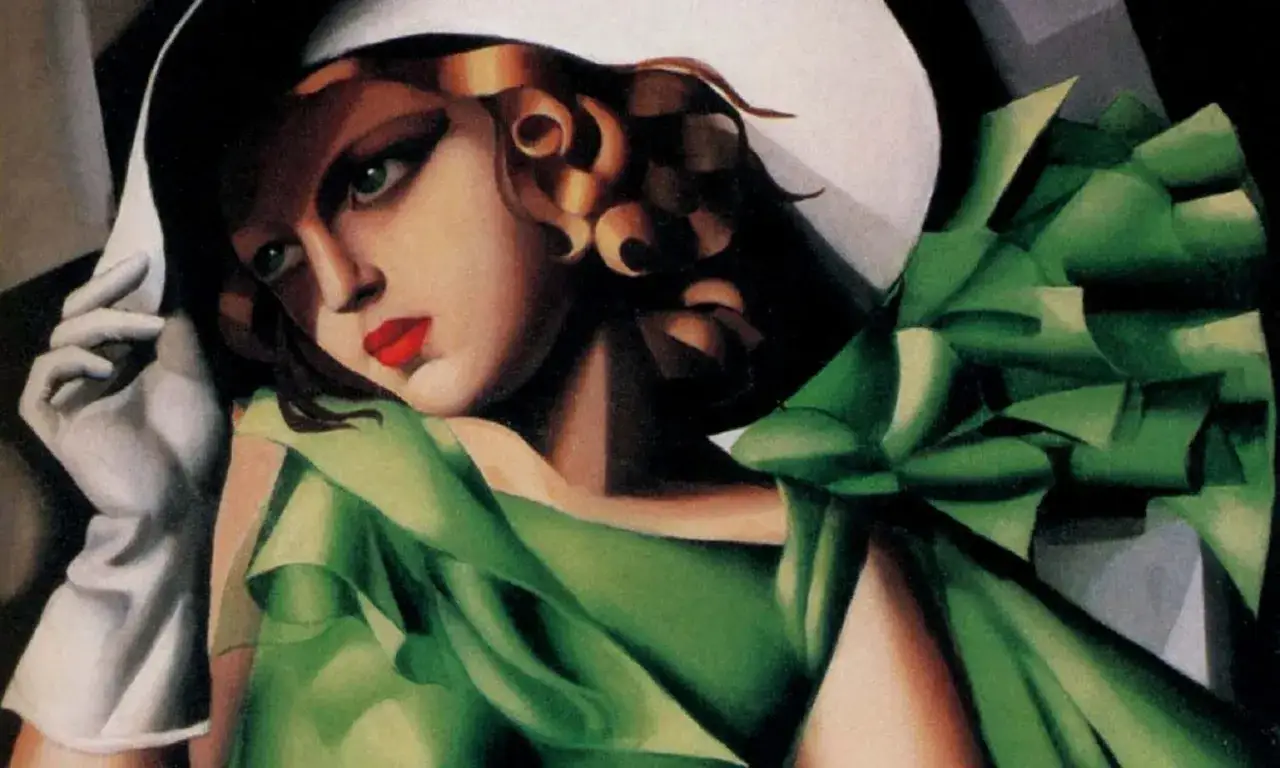Portrait d'une femme au chapeau blanc et à la robe verte, typique des œuvres d'art de Tamara de Lempicka.