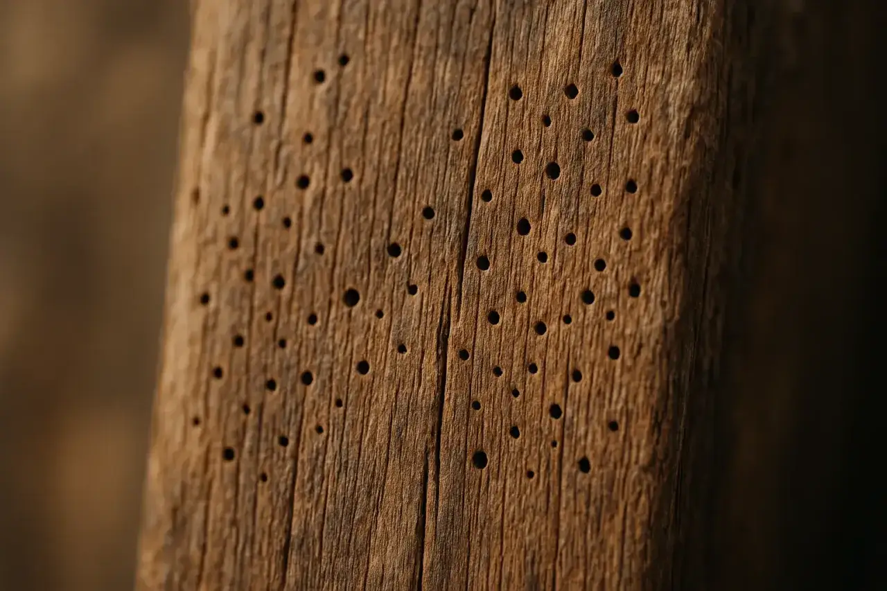 Surface d'un bois attaqu&eacute; par des mites, avec des petits trous. Un traitement naturel pourrait aider.