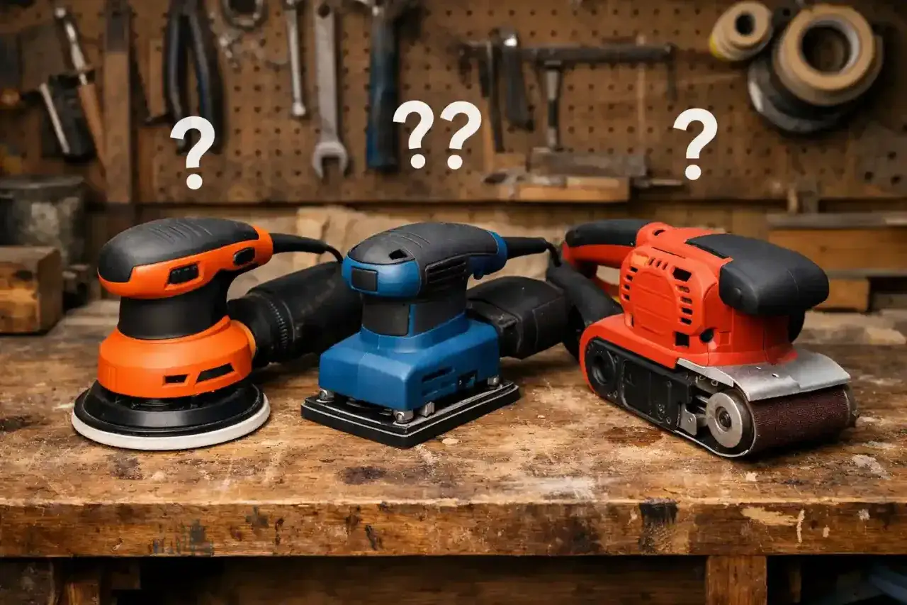 Trois ponceuses (orbitale, vibrante, à bande) sur un établi. Quelle ponceuse pour le bois choisir ? Le choix dépend du travail à réaliser.