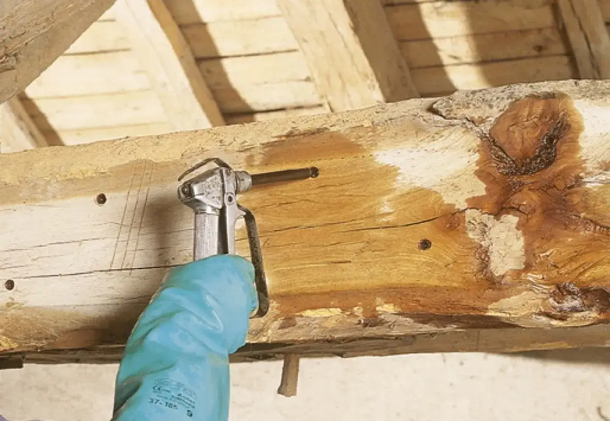 Application d'un produit pour le traitement du bois contre la vermoulure sur une poutre ancienne.