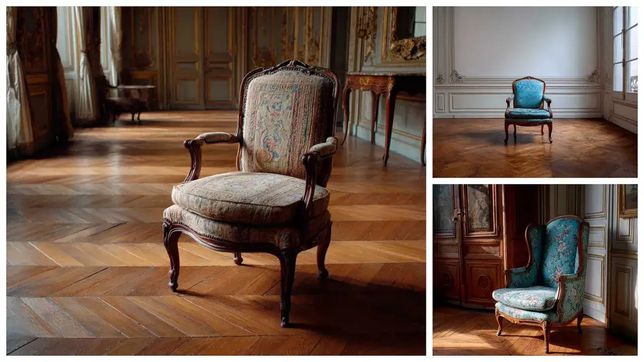 Un fauteuil relooké, aux motifs floraux bleus, trône sur un parquet ancien. Une nouvelle vie pour ce meuble d'exception.