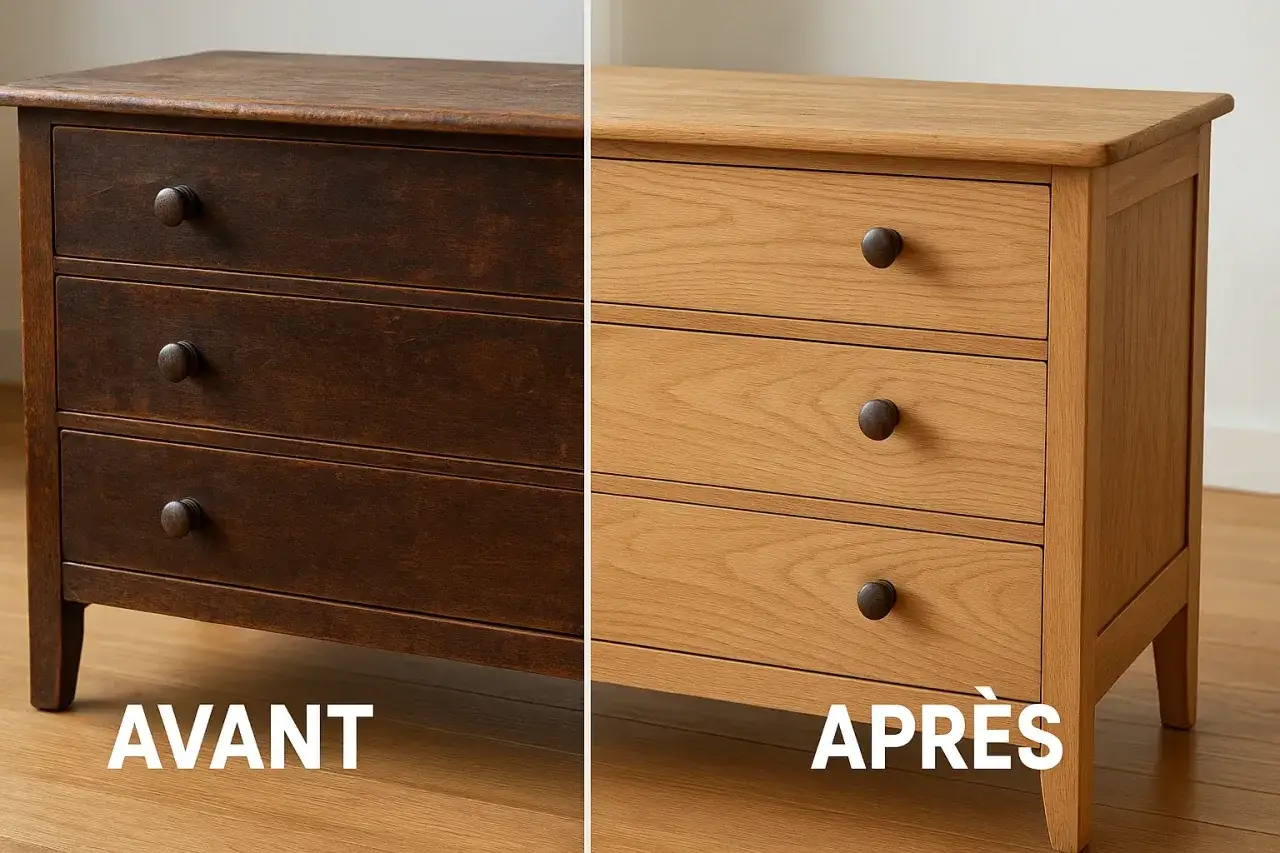 Avant/apr&egrave;s : un meuble cir&eacute; sombre transform&eacute; en bois clair. D&eacute;couvrez comment d&eacute;caper un meuble cir&eacute; pour lui redonner son &eacute;clat naturel.