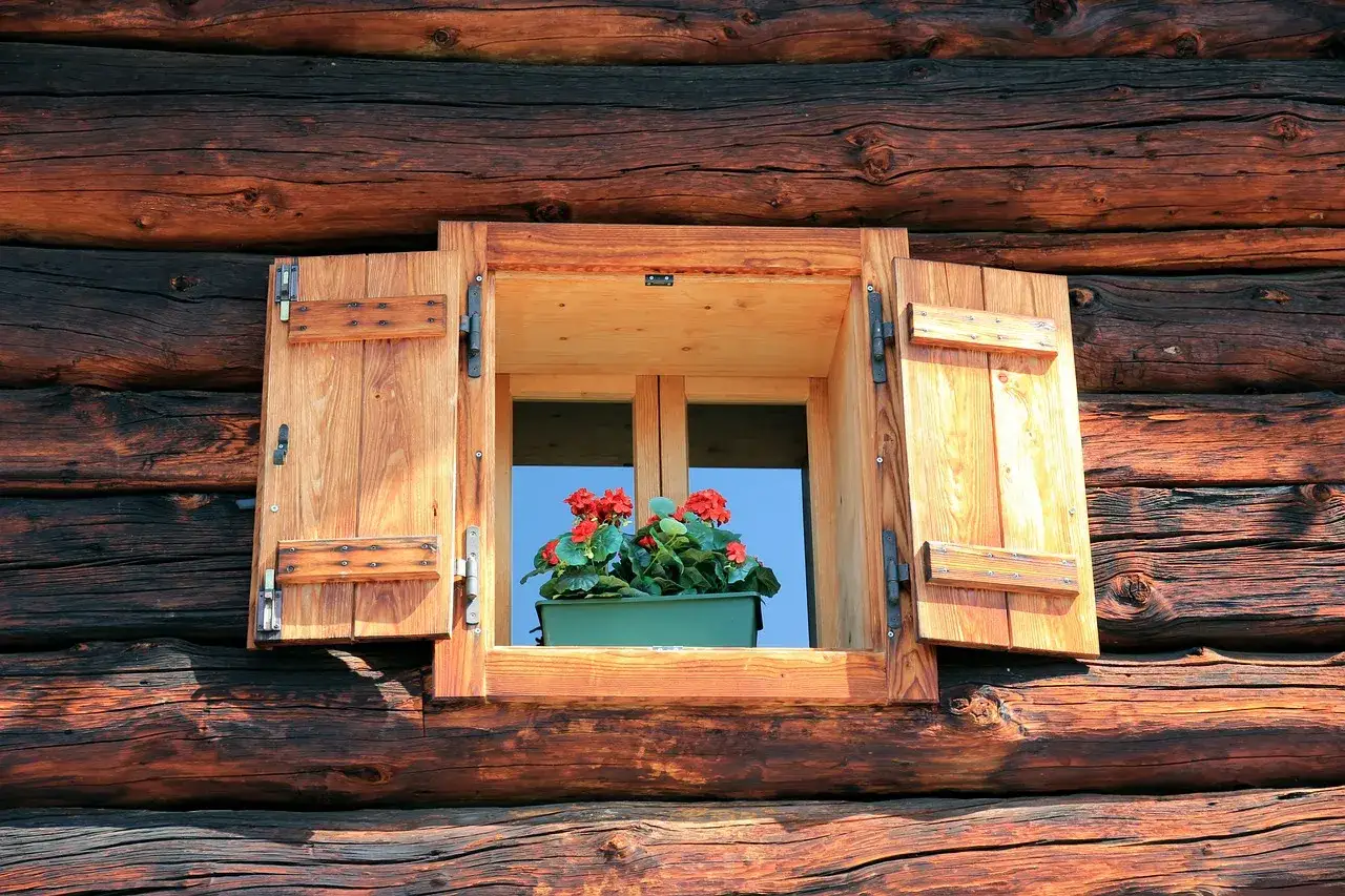 Fen&ecirc;tre en bois d'une cabane, avec volets ouverts et fleurs rouges. Le bois est lasur&eacute;, montrant la diff&eacute;rence entre lasure et peinture.