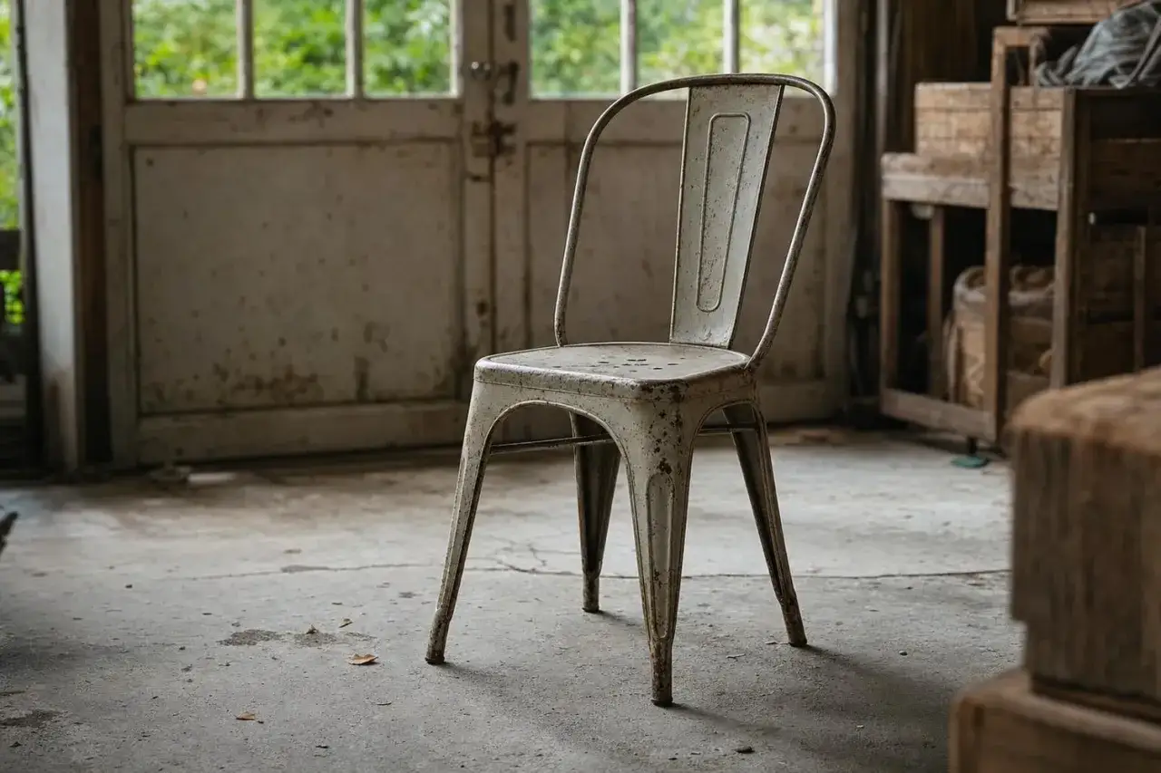Chaise Tolix patin&eacute;e, t&eacute;moin silencieux de la manufacture. Son design industriel iconique se dresse dans un d&eacute;cor brut.