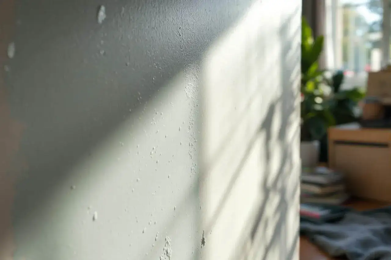 Cloquage de peinture sur un mur, signe d'une humidité persistante. Des bulles se forment, témoignant du problème.