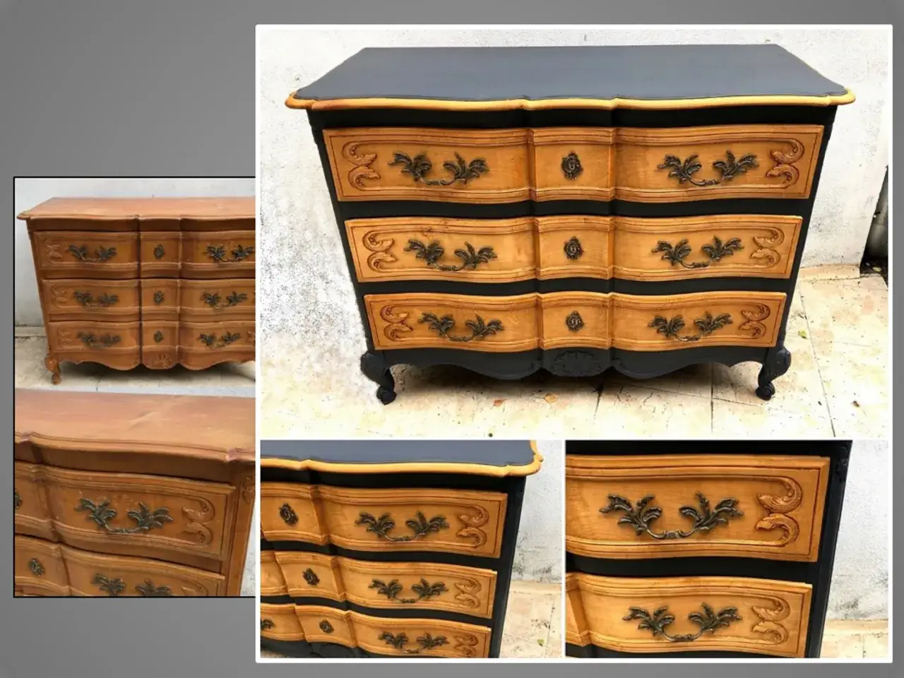 Avant/apr&egrave;s : une vieille commode en bois relook&eacute;e avec un plateau noir et des tiroirs en bois naturel.