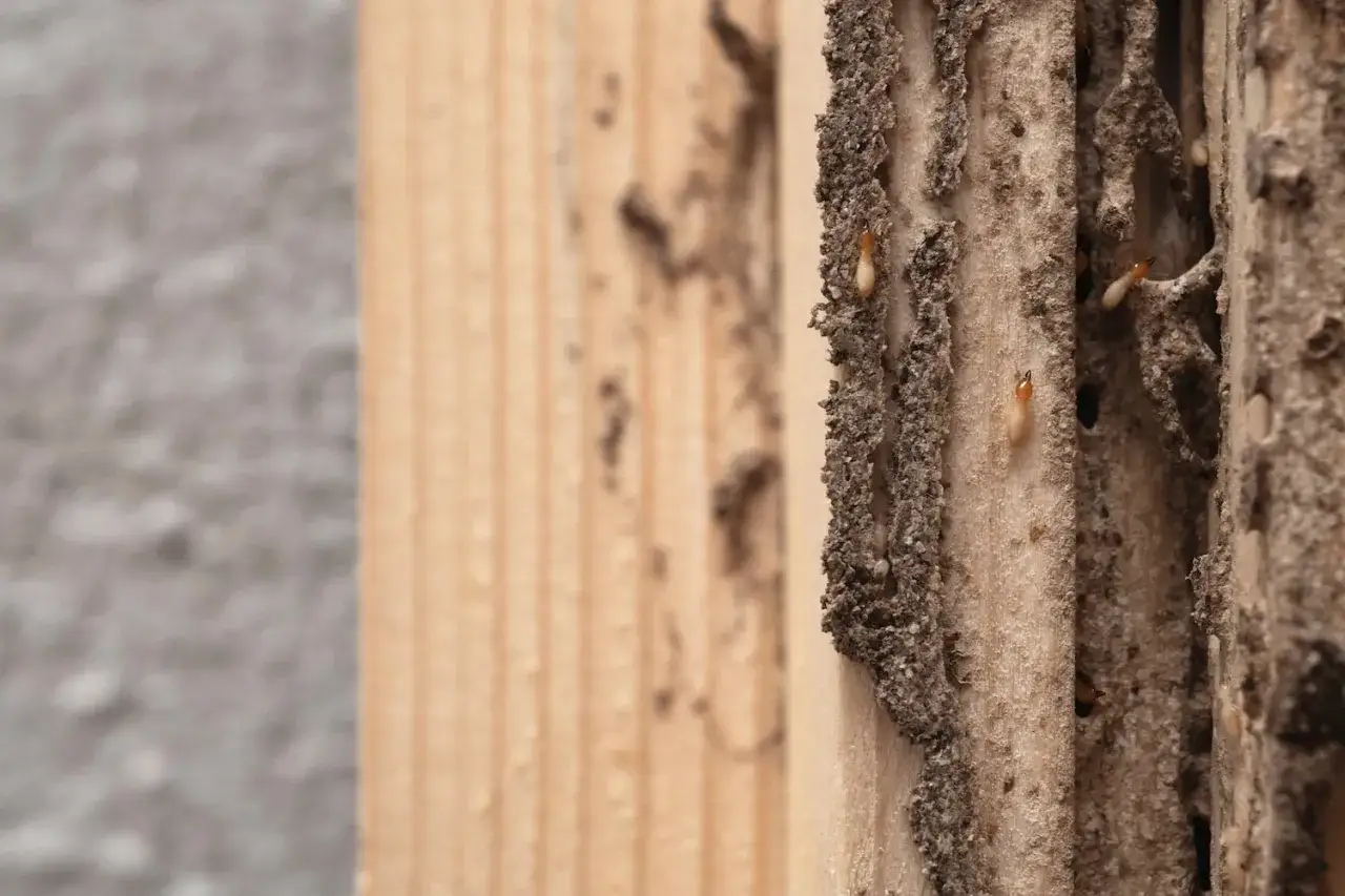 Un petit tas de sciure de bois, vestige d'une colonie de termites, r&eacute;v&egrave;le des ouvri&egrave;res affair&eacute;es sur le bois.