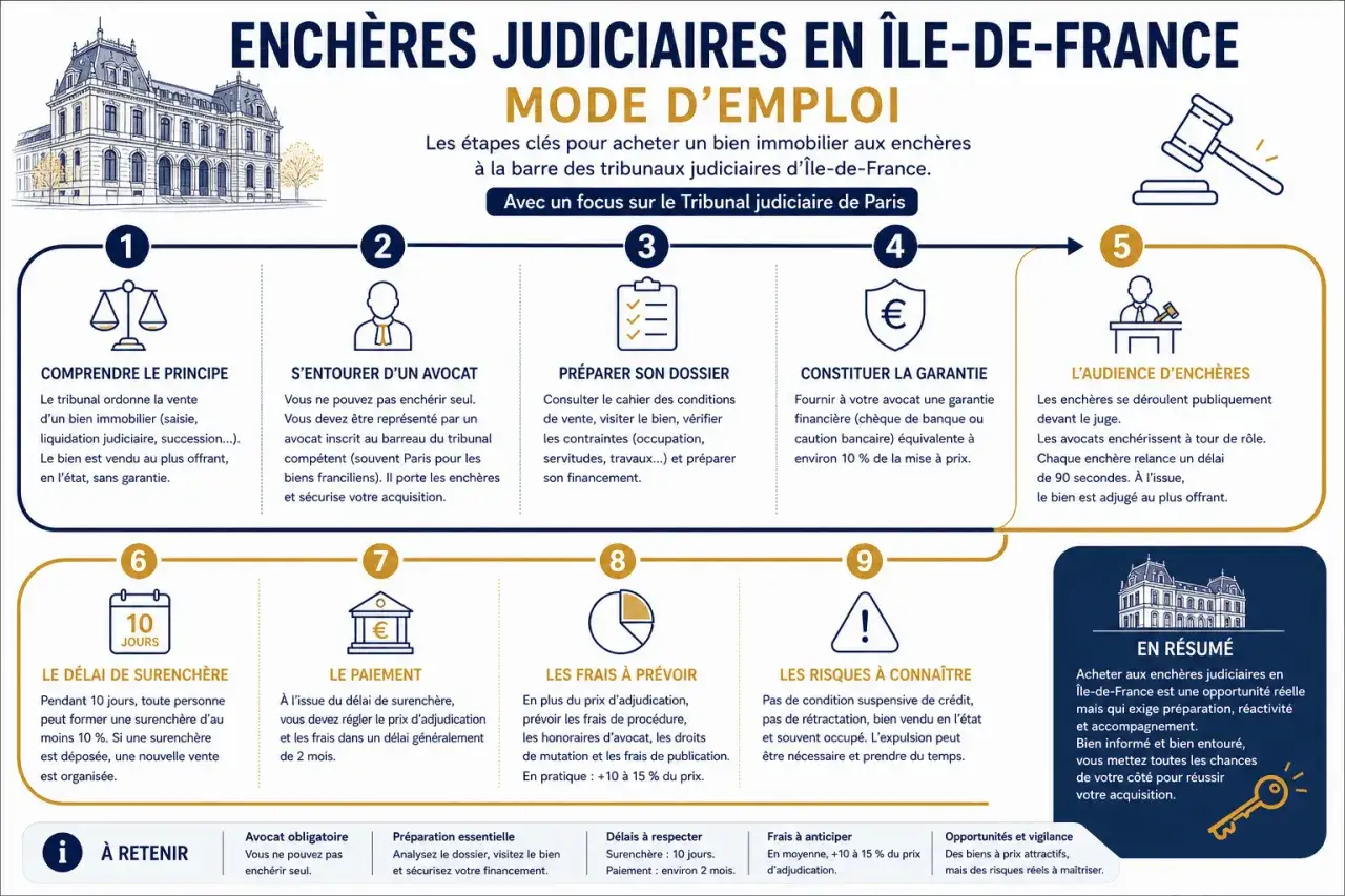 Guide des enchères judiciaires en Île-de-France : étapes clés pour acheter un bien immobilier. Une opportunité réelle pour une vente aux enchères.