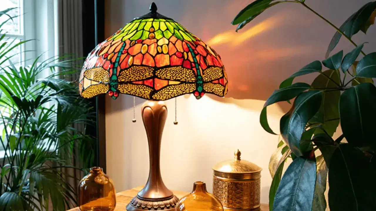 Lampe tiffany origine, abat-jour en vitrail color&eacute; avec libellules, sur une table en bois, entour&eacute;e de plantes vertes.