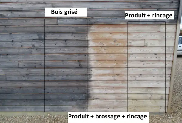 Comparaison avant/après : bois grisé d'un côté, bois traité avec produit + brossage + rinçage de l'autre. La lasure bois a redonné vie au bois.