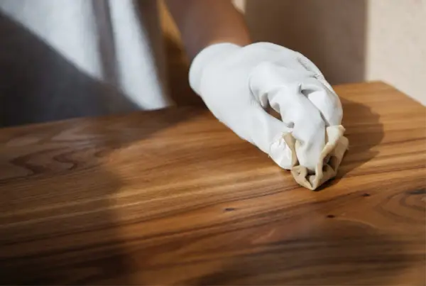 Main d'une personne portant un gant blanc, cirant un meuble en bois après décapage. La cire donne un éclat subtil au bois.