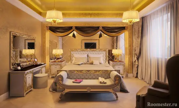 Chambre luxueuse aux accents dorés, évoquant un style empire. Un grand lit, une coiffeuse et des lampes ornées créent une atmosphère royale.