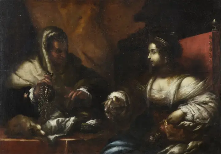 Une femme âgée examine une chaîne, tandis qu'une jeune femme couronnée est assise. Une scène qui pourrait faire partie d'une estimation tableau.