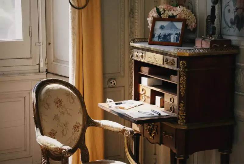 Bureau secrétaire ancien, fauteuil fleuri. Un tableau et des fleurs ornent le dessus. Idéal pour un coût inventaire mobilier succession.